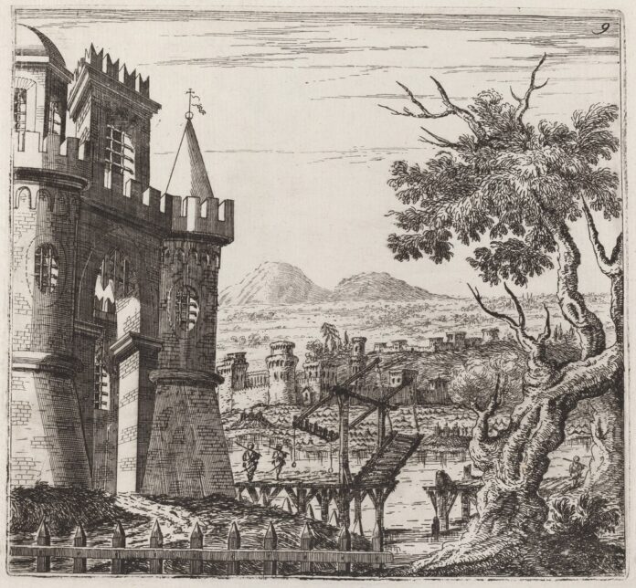 etching of a castle, drawbridge in foreground of a landscape