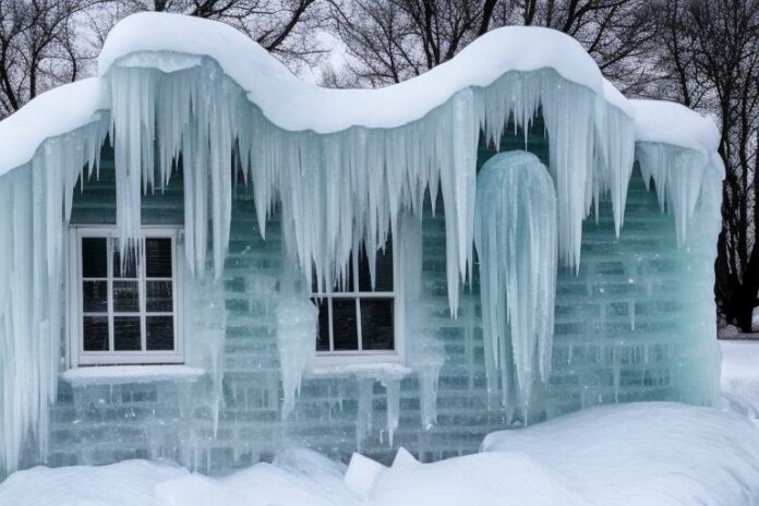 A house covered in ice and icicles