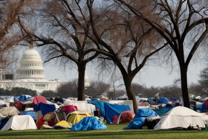 A tent city on the Washington D.C. capital mall, has the Capitol Building in the background