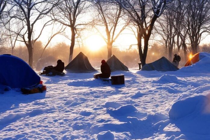 Homeless people and their tents on a snowy morning backlit by sunlight