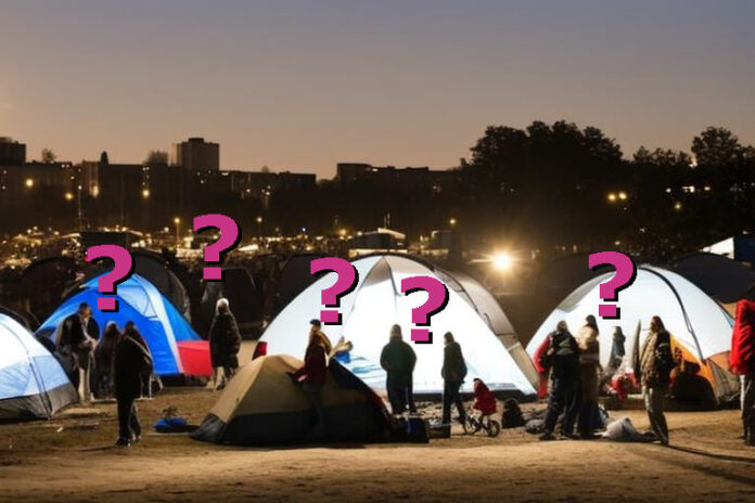 A homeless, tent city in late evening. Question marks over groups of homeless call into question who they actually are