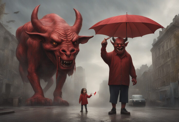 teen sheltered by a broken umbrella is dwarbed between a red bull and a devil with a huge umbrella
