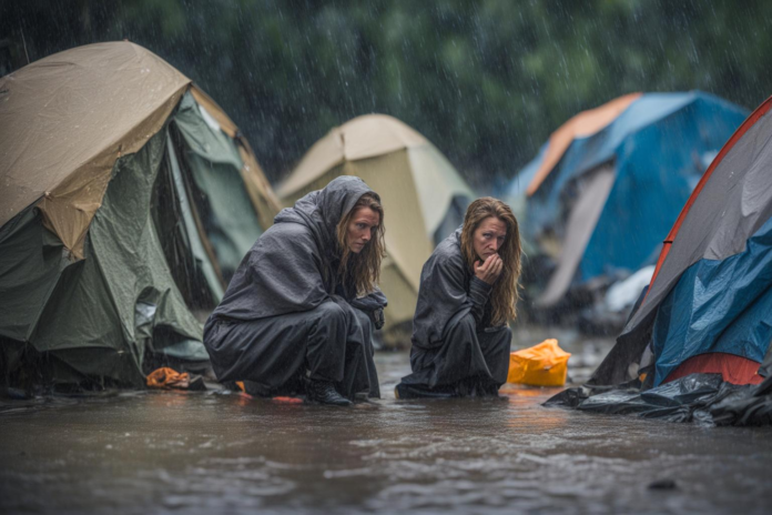 2 homeless women hunker down in the rain between tents of a homeless encampment